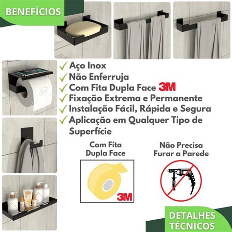 Kit Acessórios Para Banheiro Adesivo 6 Peças Preto ELG CasaMetais