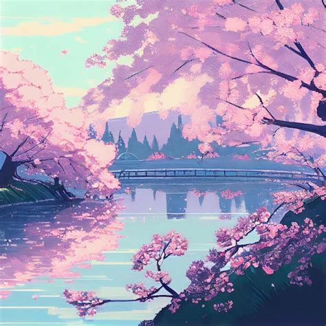 Premium Photo Japanese Cherry Blossom Trees And Lake Landscape Anime