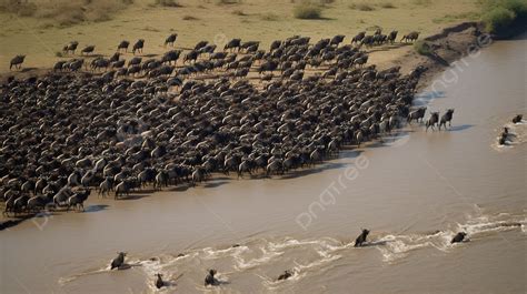 An Aerial View Of Thousands Of Wildebeests Crossing A River Background