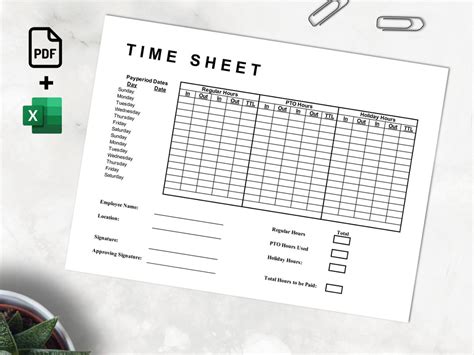 Time Sheet Printable PDF, Time Sheet Template Editable MS Excel, Auto ...