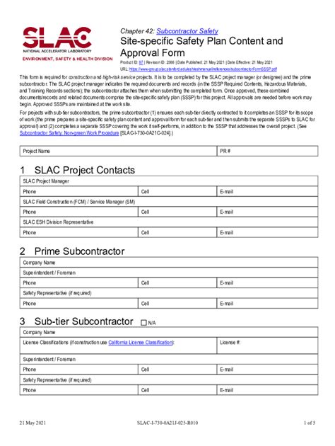 Site Specific Safety Plan For Subcontractors Template