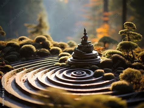 Zen garden with spiral path, moss landscape and a small ancient statue sitting on a stone stack ...