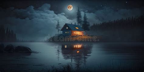 Cozy Wooden Cabin Between The Mountains At Night By The Lake And Full