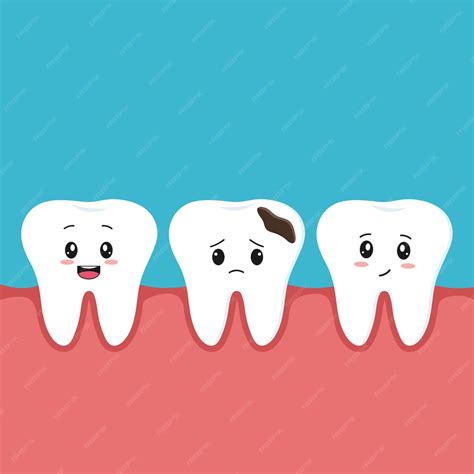 Ilustración De Dientes Sanos Con Sonrisas Y Un Diente Triste Con Un Agujero De Caries En Las