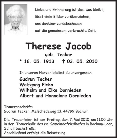 Traueranzeigen Von Therese Jacob Trauer In Nrw De