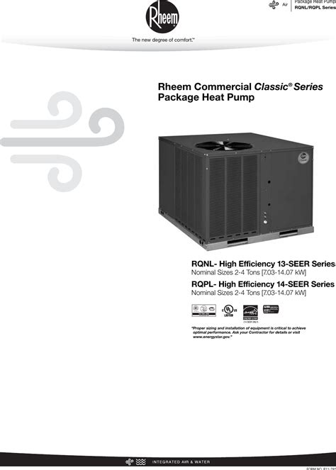 Rheem Classic Series Package Heat Pump Specification Sheet