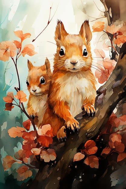 Premium AI Image Painting Of Two Squirrels Sitting On A Tree Branch