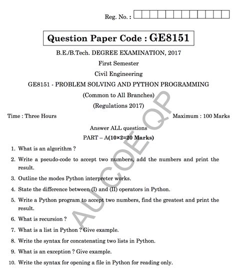 GE8151 Problem Solving And Python Programming Question Papers