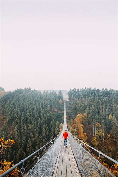 "Man Walking On A Long Bridge In Nature" by Stocksy Contributor "Jovana Rikalo" - Stocksy