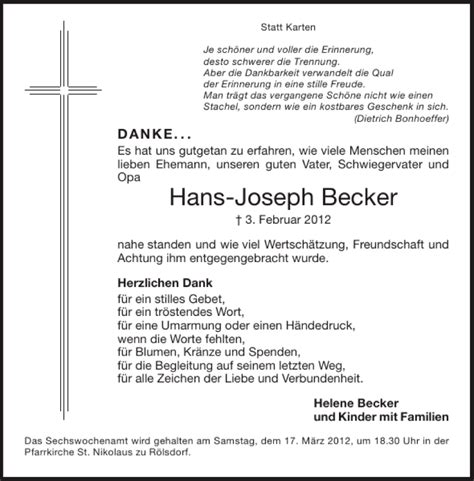 Traueranzeigen Von Hans Joseph Becker Aachen Gedenkt