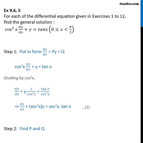 Ex 9 5 5 Find General Solution Cos2 X Dy Dx Y Tan X