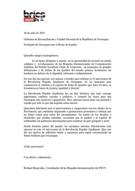 Compa Ero Richard Benavides Saluda A Nicaragua Por El Aniversario De