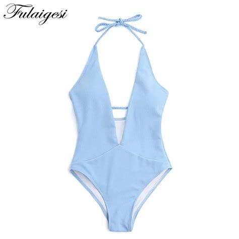 Fulaigesi Solid Ribbed Women One Piece Swimsuit Bikini 2019 Blue