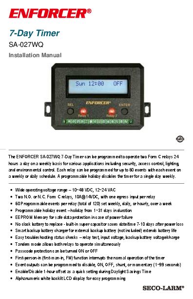 ENFORCER SA 027WQ 7 Day Timer Installation Manual SECO LARM USA Inc