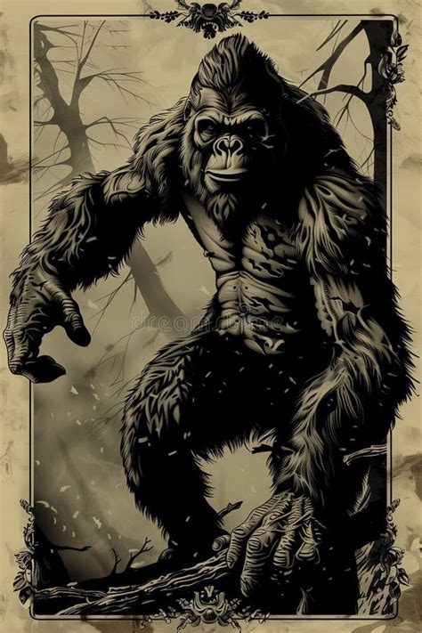 Bigfoot Poster Cryptid Art Sasquatch Card Illustration Stock