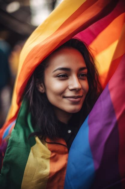 Una Mujer Con Una Bandera Del Arco Iris En La Cabeza Foto Premium