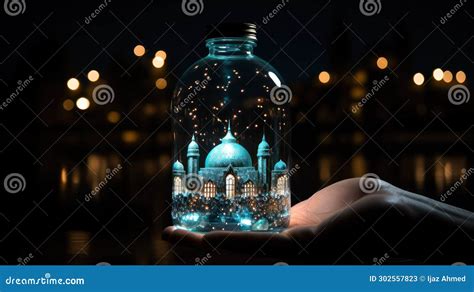 Hand Holding Glass Jar With Mosque At Night Ramadan Kareem Concept