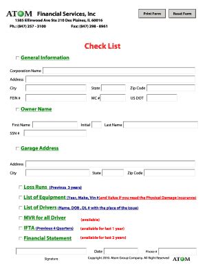 Fillable Online Check List Atom Financial Services Inc Fax Email