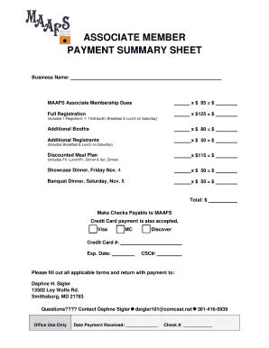 Fillable Online Associate Member Payment Summary Sheet Maafs Fax