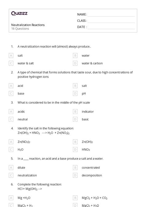 50 Acid Base Reactions Worksheets For 11th Year On Quizizz Free