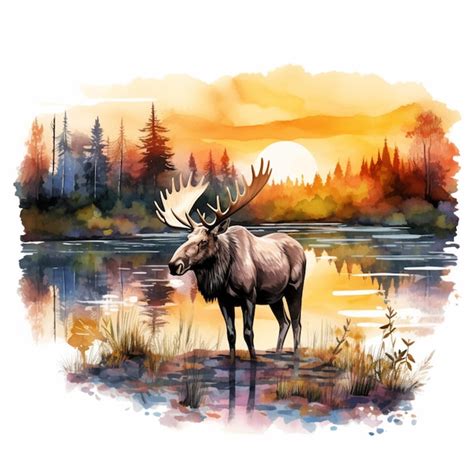 Premium Ai Image Painting Of A Moose Standing In A Lake With A Sunset