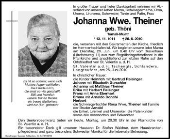 Traueranzeigen Von Johanna Theiner Trauer Bz