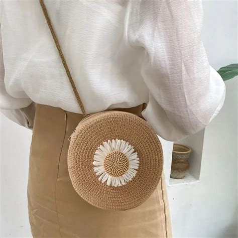 Flower Graphic Circle Straw Bag Vintage Shoulder Beach Bag Women S