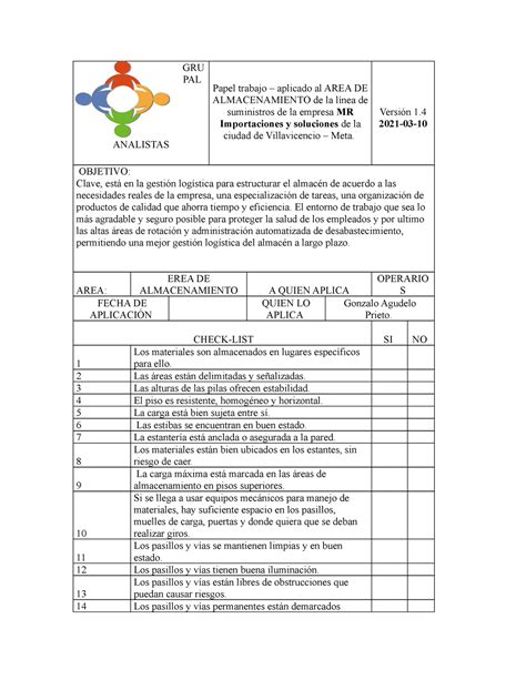 Check List De Almacenamiento Gru Pal Analistas Papel Trabajo