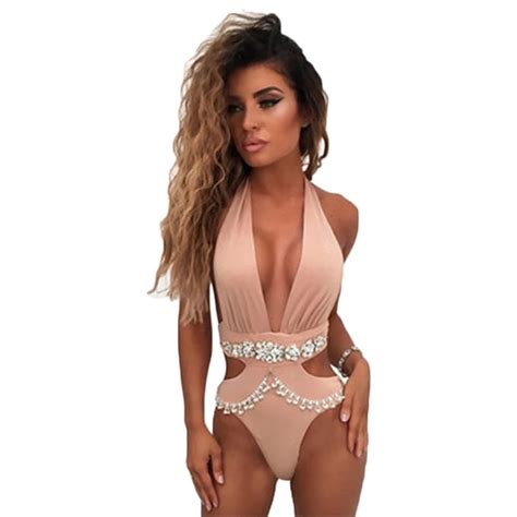 Women Sexy Swimwear One Piece 2018 Bikinis Summer Crystal New Bandage Backless Deep V Bathing