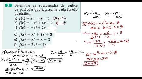 3 Determine As Coordenadas Do Vértice Da Parábola Que Representa Cada