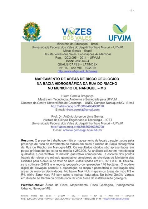 Pdf Mapeamento De Reas De Risco Geol Gico Na Bacia Site Ufvjm Edu