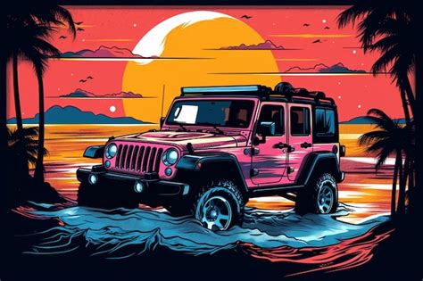 Premium Photo A Pink Jeep Is Driving On A Beach With Palm Trees In