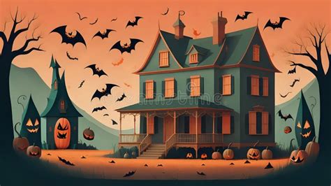 House Halloween Pumpkin Horror Illustration And Bats Halloween