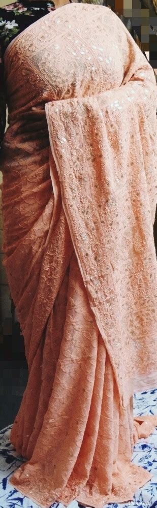 Nawabi Couture Powder Peach Pure Georgette Chikan Saree With Gota Patti