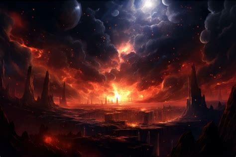 Apocalyptic red sky over alien landscape