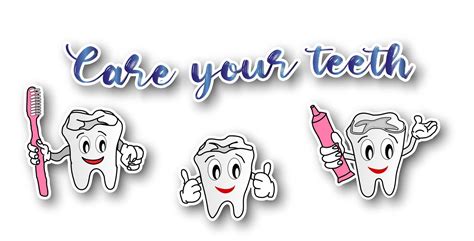 Set Of Stickers With Funny Little Teeth With A Toothbrush And