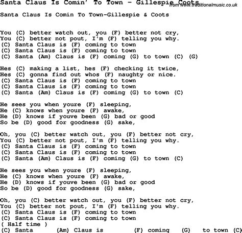 Song Santa Claus Is Comin’ To Town by Gillespie Coots, song lyric for ...