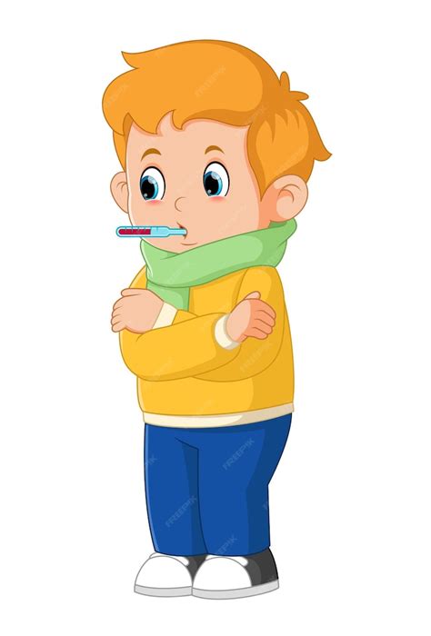 Premium Vector | Little boy sick with thermometer in mouth