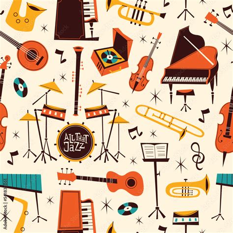 Jazz live music seamless pattern. Repeated musical instruments, comic shapes, drums, piano ...