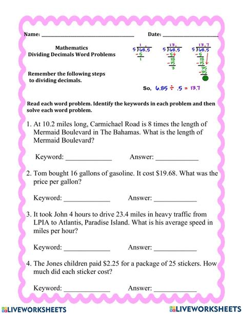 Dividing Decimals Word Problems Online Exercise For Live Worksheets