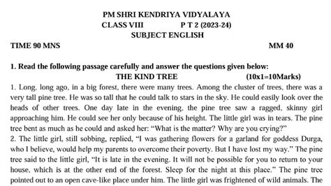 CLASS 8 ENGLISH PT 2 Exam Qestion Paper KV CBSE Periodic Test 2