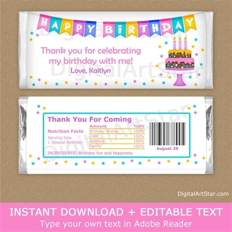 Happy Birthday Candy Bar Wrapper Template Girl Birthday Party Favors Birthday Chocolate