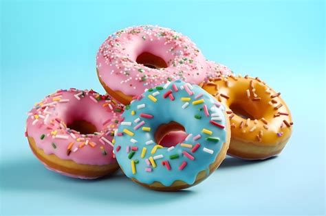 Premium Photo | Four donuts with pink, blue, and green sprinkles on top ...