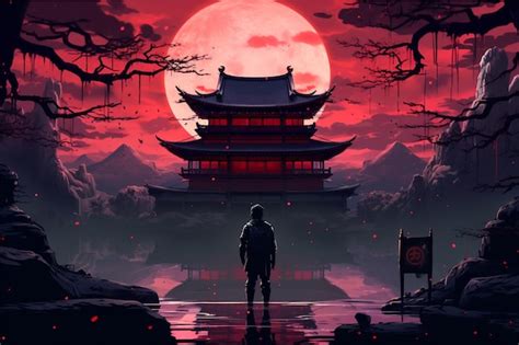 Premium Photo | Anime cartoon neon A samurai stands in front of a ...