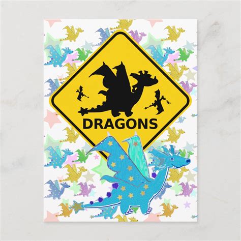 Beware Of Dragons Blue Cartoon Dragon Postcard Zazzle