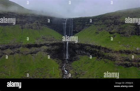 Misty Fossá Waterfall Tallest Waterfall In Faroe Islands Aerial Misty