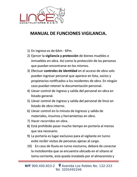 Funciones Vigilantes HOLA MANUAL DE FUNCIONES VIGILANCIA En