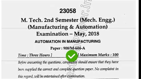 2018 Mdu Mtech Me 2nd Sem Automation In Manufacturing Question Paper Youtube