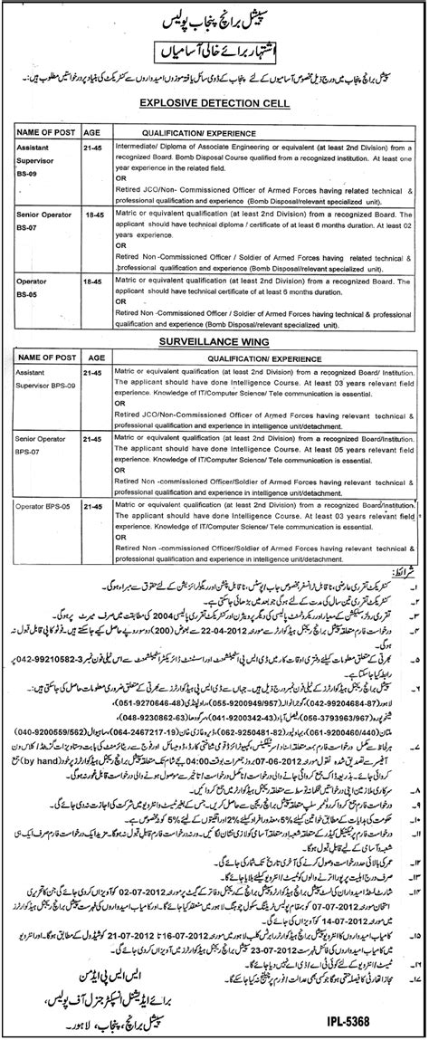 Special Branch Punjab Police (Govt.) Jobs in Lahore, Jang on 28-Apr ...