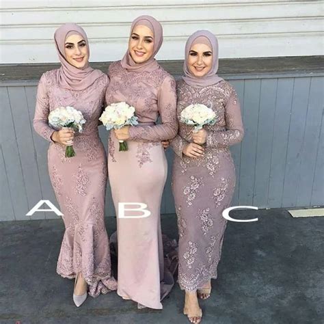 Dusty Pink Muslim Bridesmaid Dresses 2017 Lace Long Sleeves Beaded